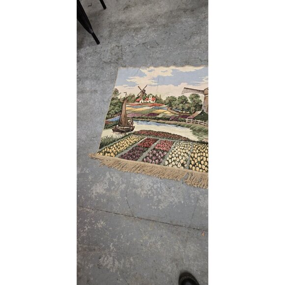 Vintage Cotton Tapestry depicting Dutch Scene with Tulips and Windmills 60x30in. - Picture 4 of 7